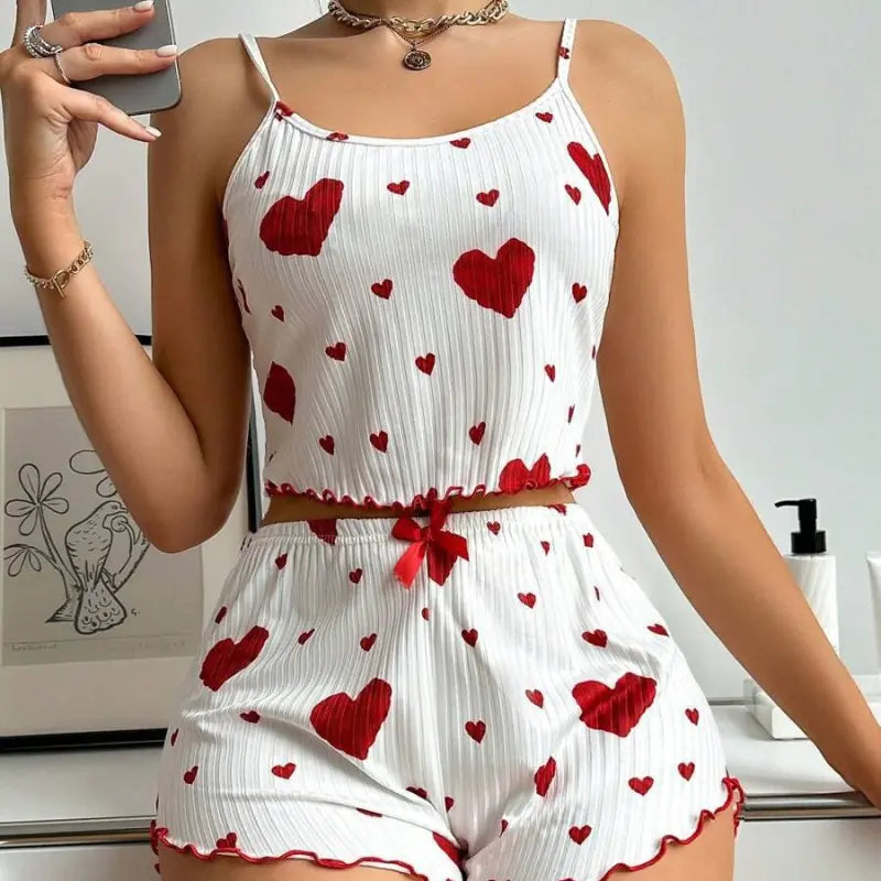 Heart Printing Suspender Shorts Casual Sunken Stripe Outerwear Women Pajamas