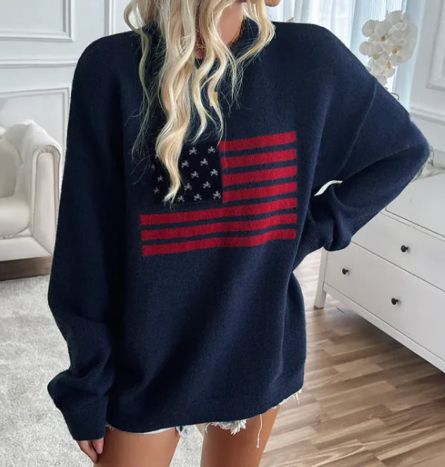 Women's American Flag Sweater Knit Long Sleeve Crew Neck Soft Loose Pullover