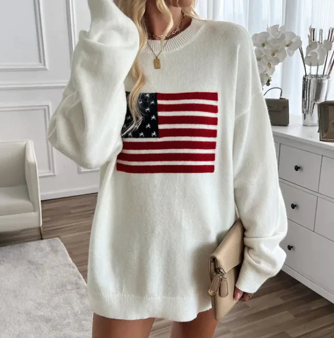 Women's American Flag Sweater Knit Long Sleeve Crew Neck Soft Loose Pullover