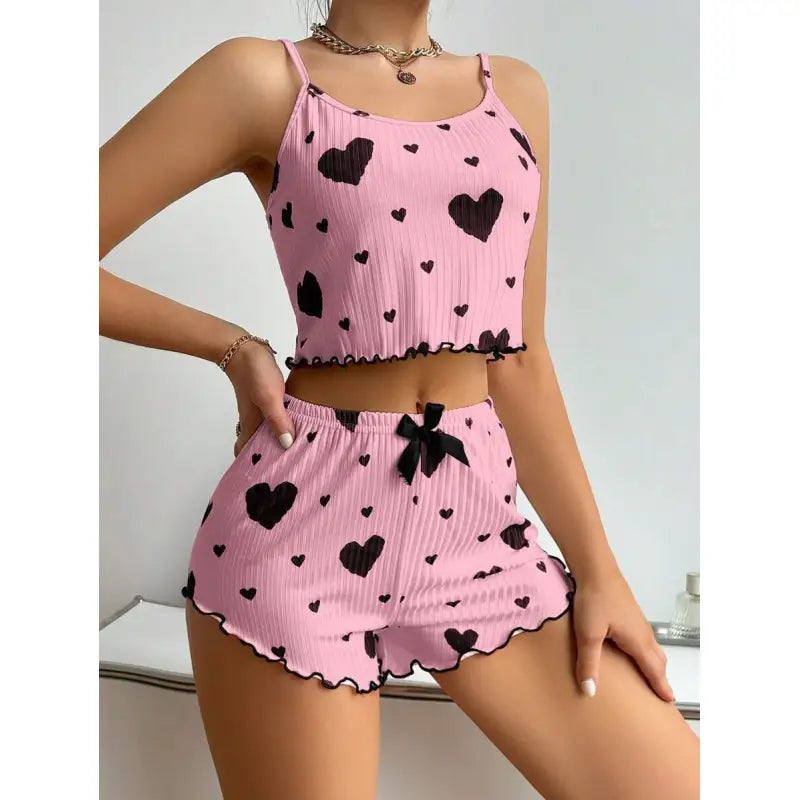 Heart Printing Suspender Shorts Casual Sunken Stripe Outerwear Women Pajamas