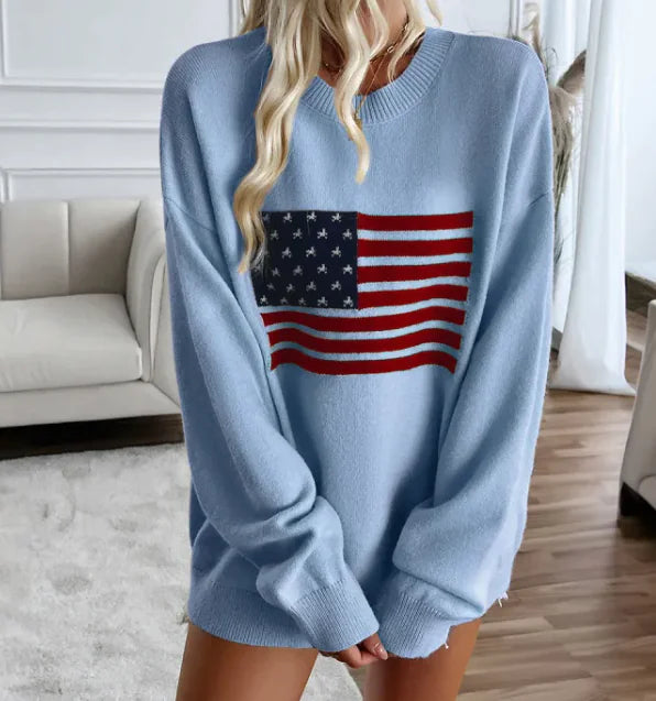 Women's American Flag Sweater Knit Long Sleeve Crew Neck Soft Loose Pullover