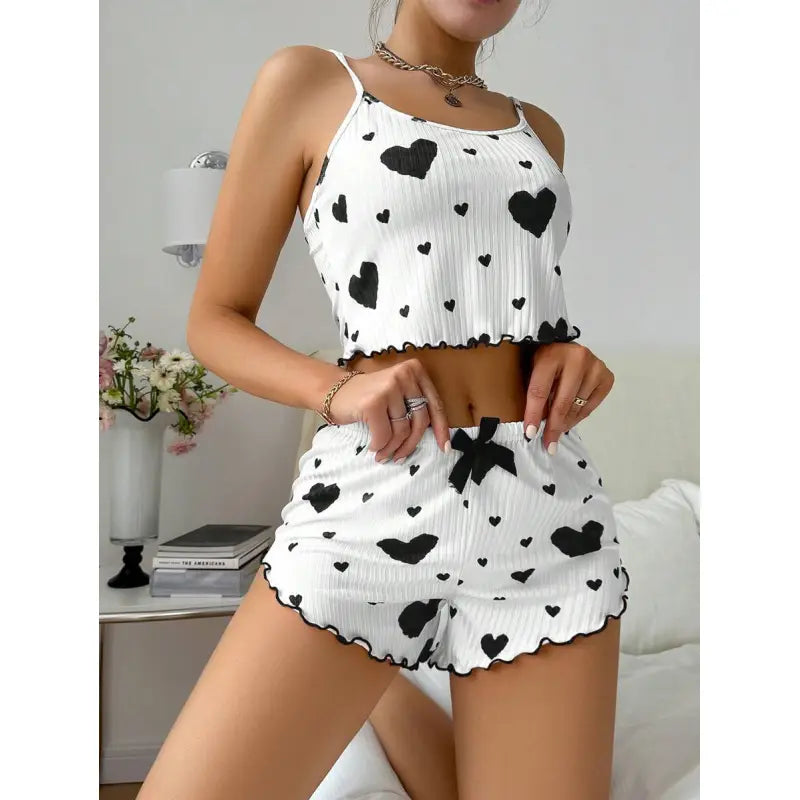 Heart Printing Suspender Shorts Casual Sunken Stripe Outerwear Women Pajamas