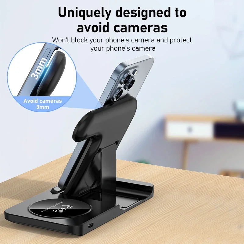 3-in-1 Foldable Wireless Charger Stand for iPhone, Apple Watch & AirPods Fast Charging Station