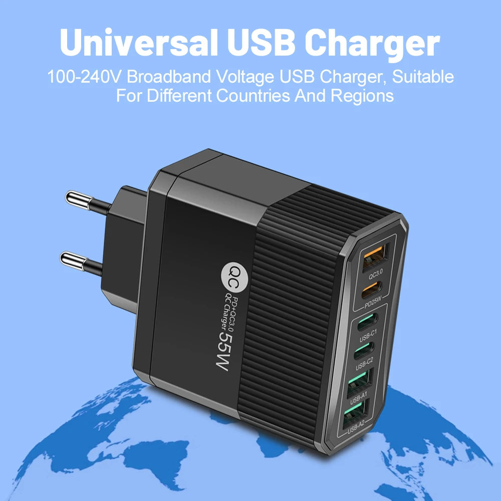 Plug 55W Fast Charging Charger 6Ports USB Type C Wall Charger For Samsung A23 S23 iPhone 14 pro max Xiaomi KR  Charger