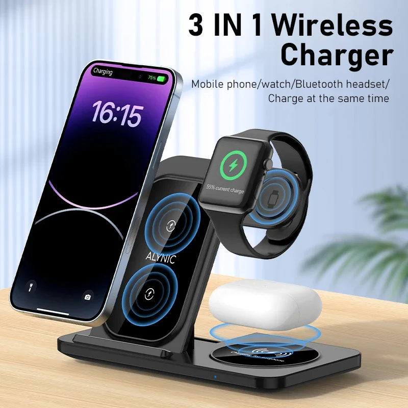 3-in-1 Foldable Wireless Charger Stand for iPhone, Apple Watch & AirPods Fast Charging Station