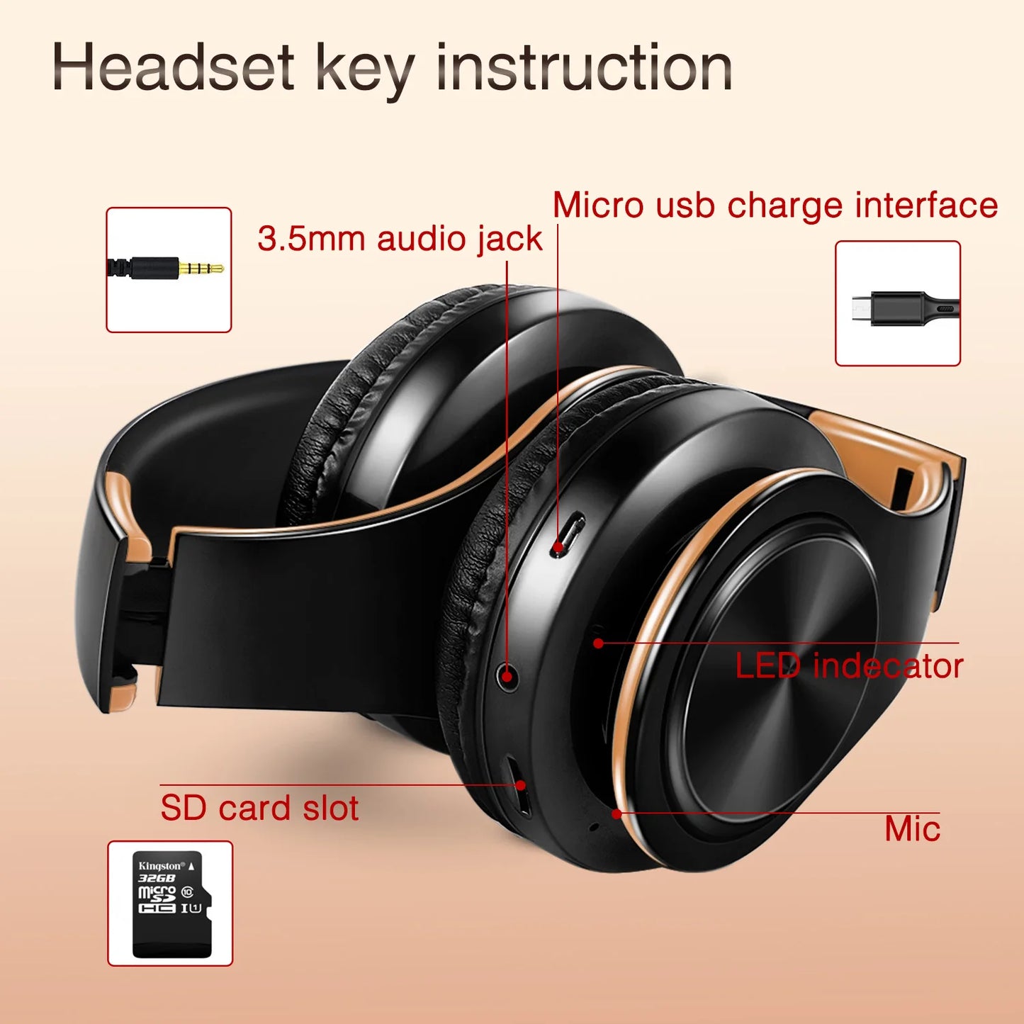 Wireless Headphones Bluetooth Earphone Stereo Headset with Build-in MIC with 3.5mm Jack for Xiaomi Samsung iPhone