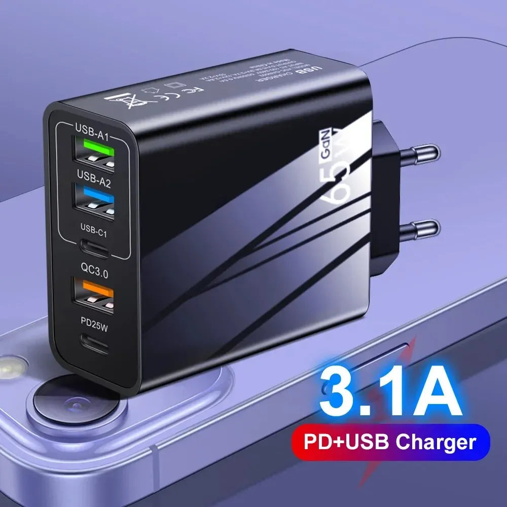 Fast Charger Mobile Charging Head 65w  Pd Plus 3usb Travel Multi Interface Charger 3.1A