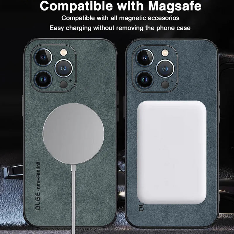 Leather Magnetic Magsafe Leather Case For iPhone Wireless Charge Shockproof Cover