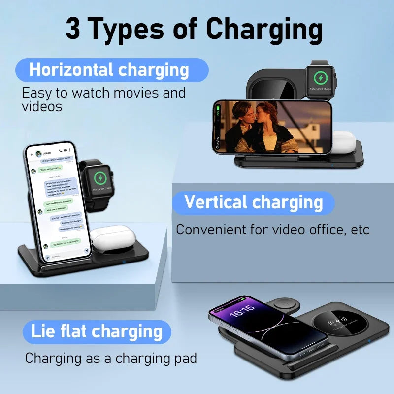 3-in-1 Foldable Wireless Charger Stand for iPhone, Apple Watch & AirPods Fast Charging Station