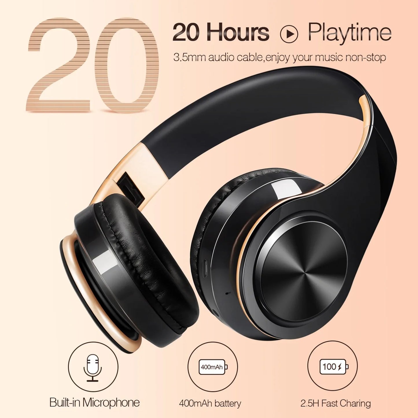 Wireless Headphones Bluetooth Earphone Stereo Headset with Build-in MIC with 3.5mm Jack for Xiaomi Samsung iPhone