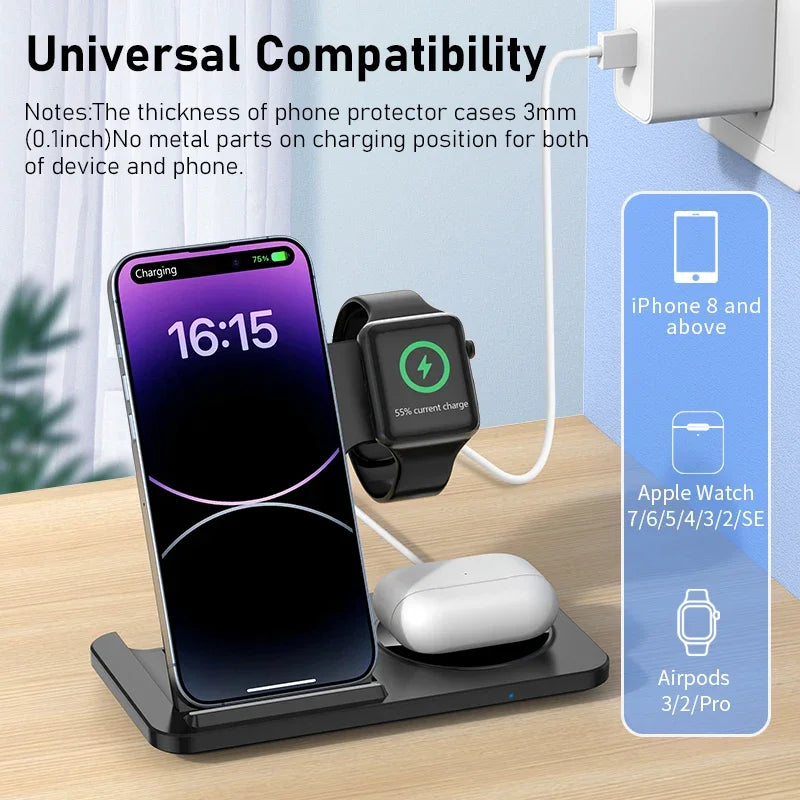 3-in-1 Foldable Wireless Charger Stand for iPhone, Apple Watch & AirPods Fast Charging Station