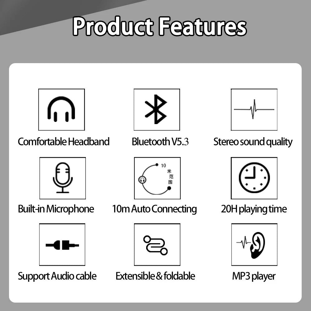 Stereo Audio Mp3 Bluetooth Headset Wireless Headphones Earphone Support SD Card with Mic Play 20 Hours