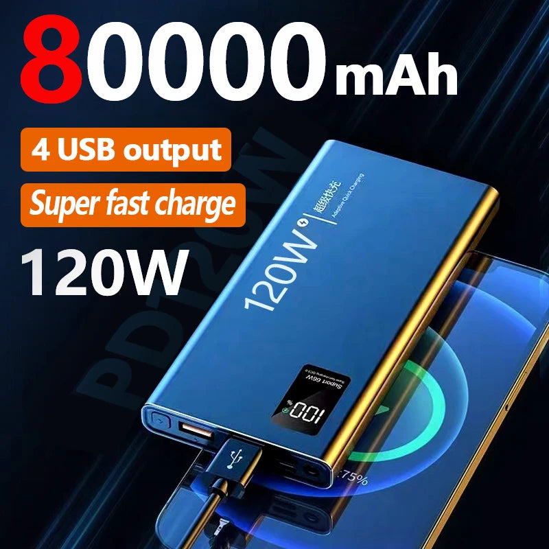 Power Bank 120W 80000mAh Super Fast Charging 100% Sufficient Capacity Portable Battery Charger Digital Display