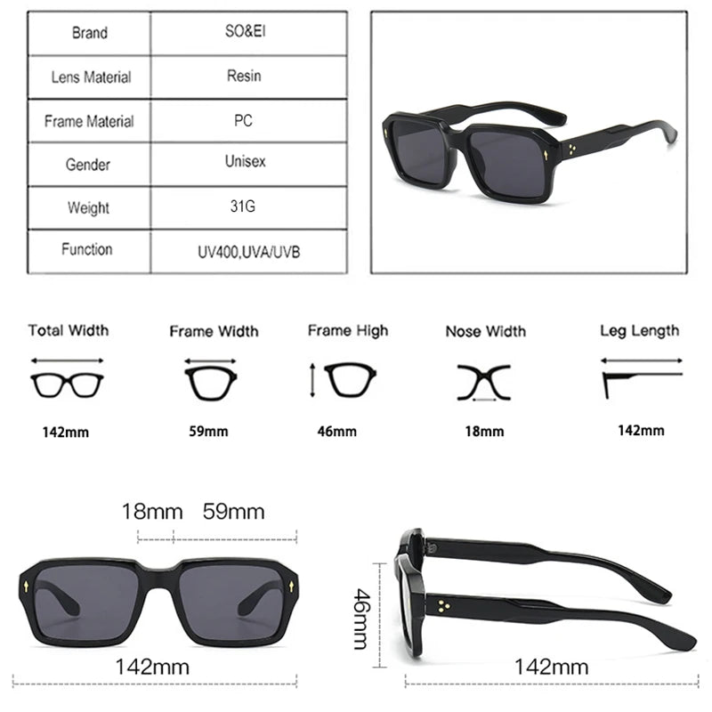 Sunglasses Square Punk Rivets Clear Ocean Gradient Lens Shades UV400 Men Women Sun Glasses