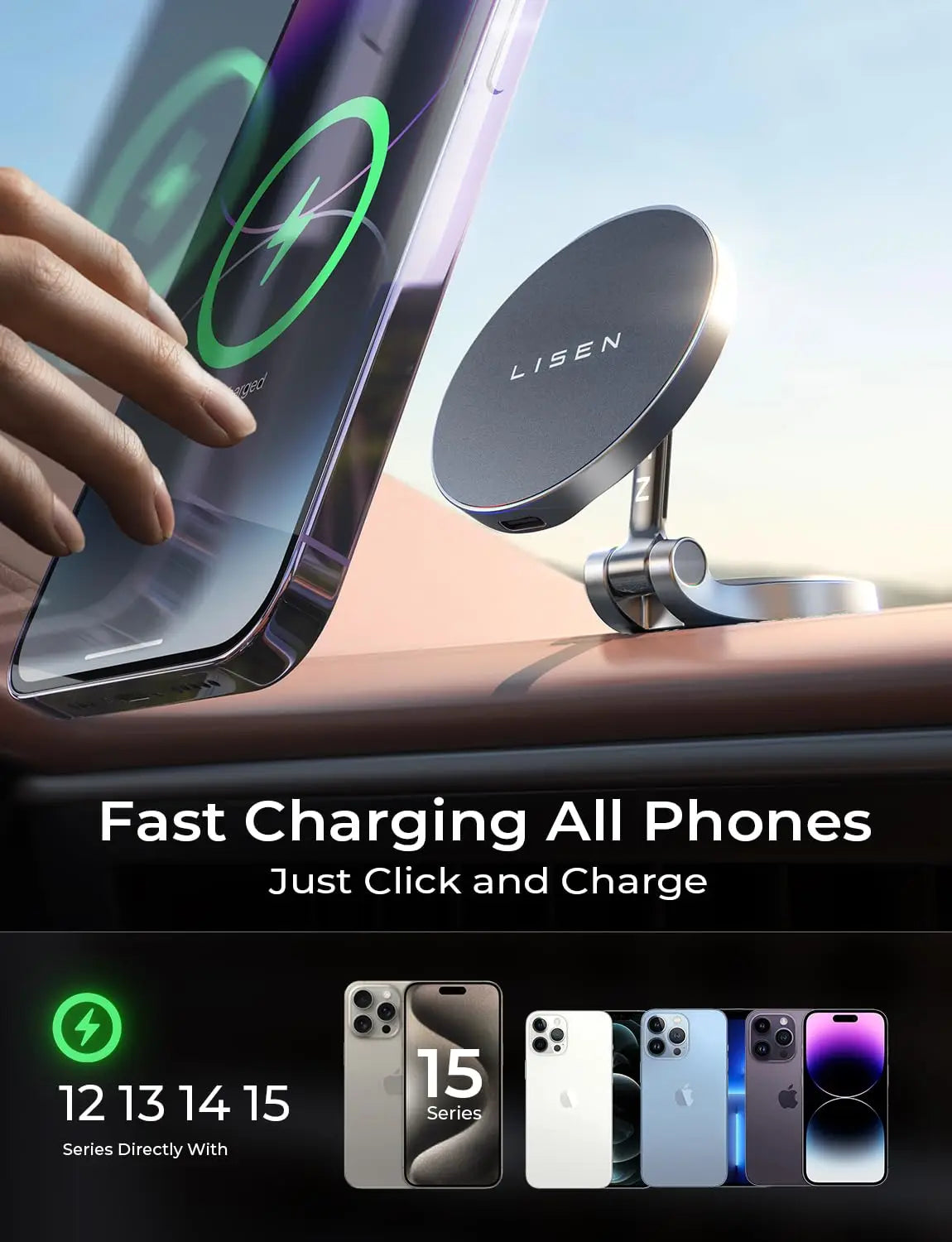 LISEN Magsafe Car Mount Charger 15W Wireless Fast Charging Ultra Magnetic Car Phone Holder