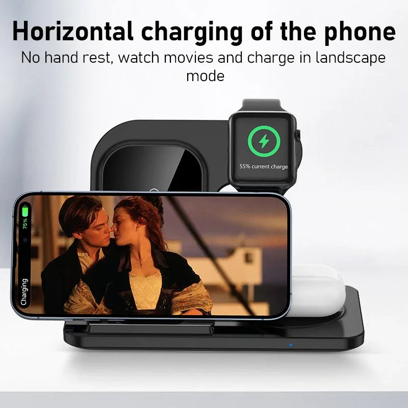 3-in-1 Foldable Wireless Charger Stand for iPhone, Apple Watch & AirPods Fast Charging Station