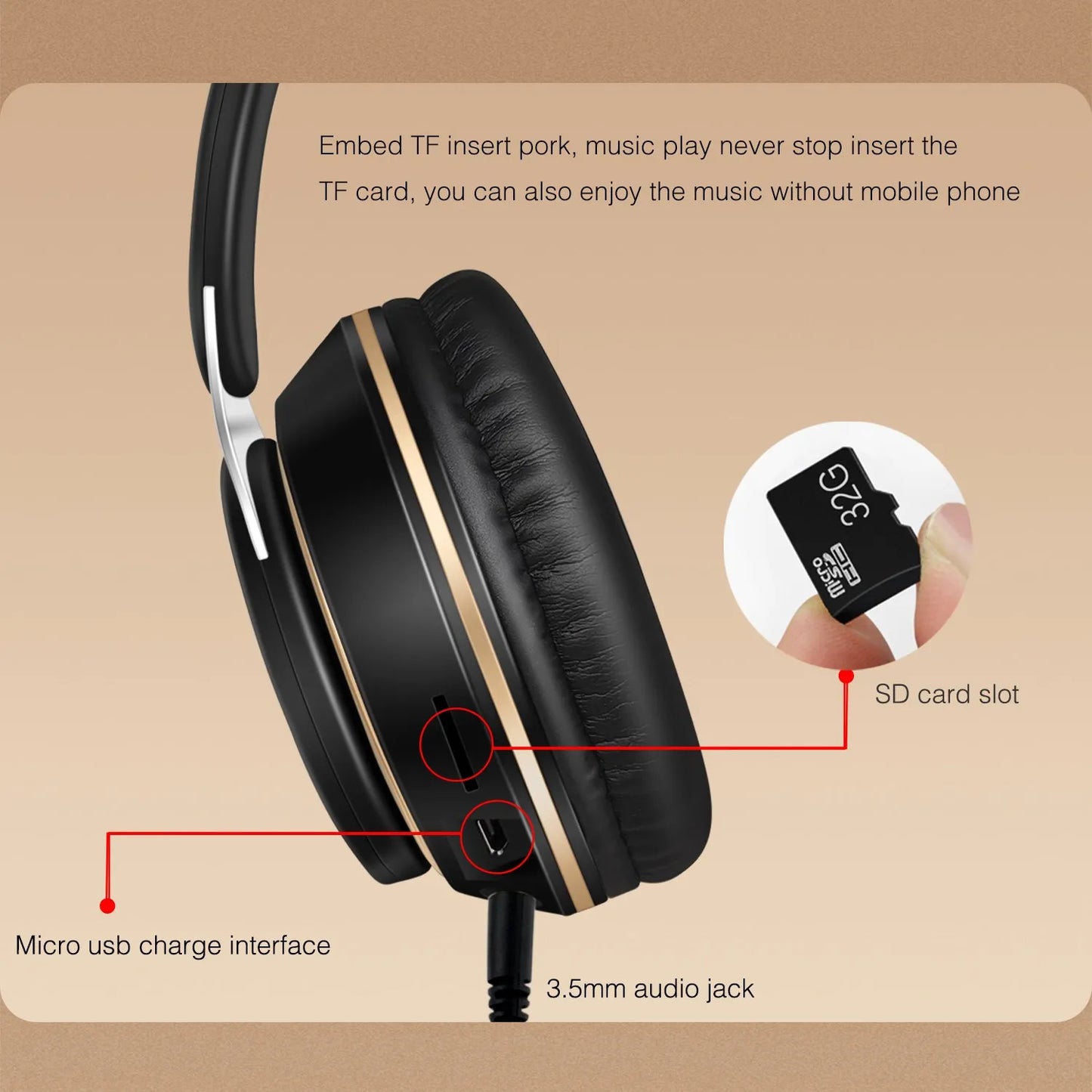 Wireless Headphone Stereo Headband Bluetooth Headset Support SD Card with Mic for Xiaomi Iphone Sumsamg Tablet