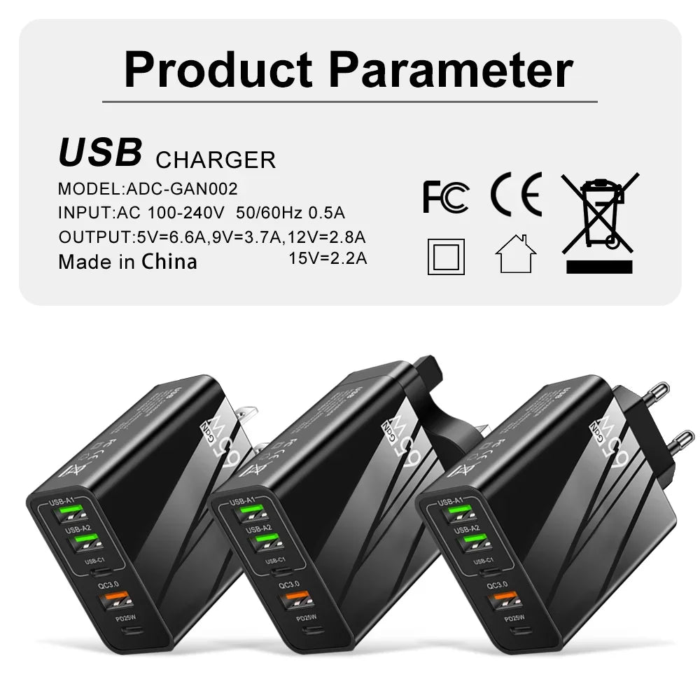 Fast Charger Mobile Charging Head 65w  Pd Plus 3usb Travel Multi Interface Charger 3.1A