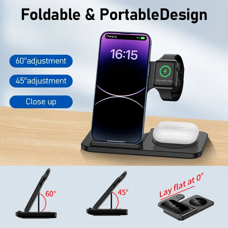 3-in-1 Foldable Wireless Charger Stand for iPhone, Apple Watch & AirPods Fast Charging Station