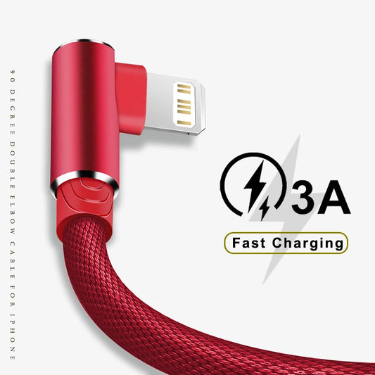 USB Cable 90 Degree for iPhone 14-11 Pro Max Xs X XR 6 6s 7 8 Plus iPad Mini 3A Fast Charging Data Cord for iPhone Charger