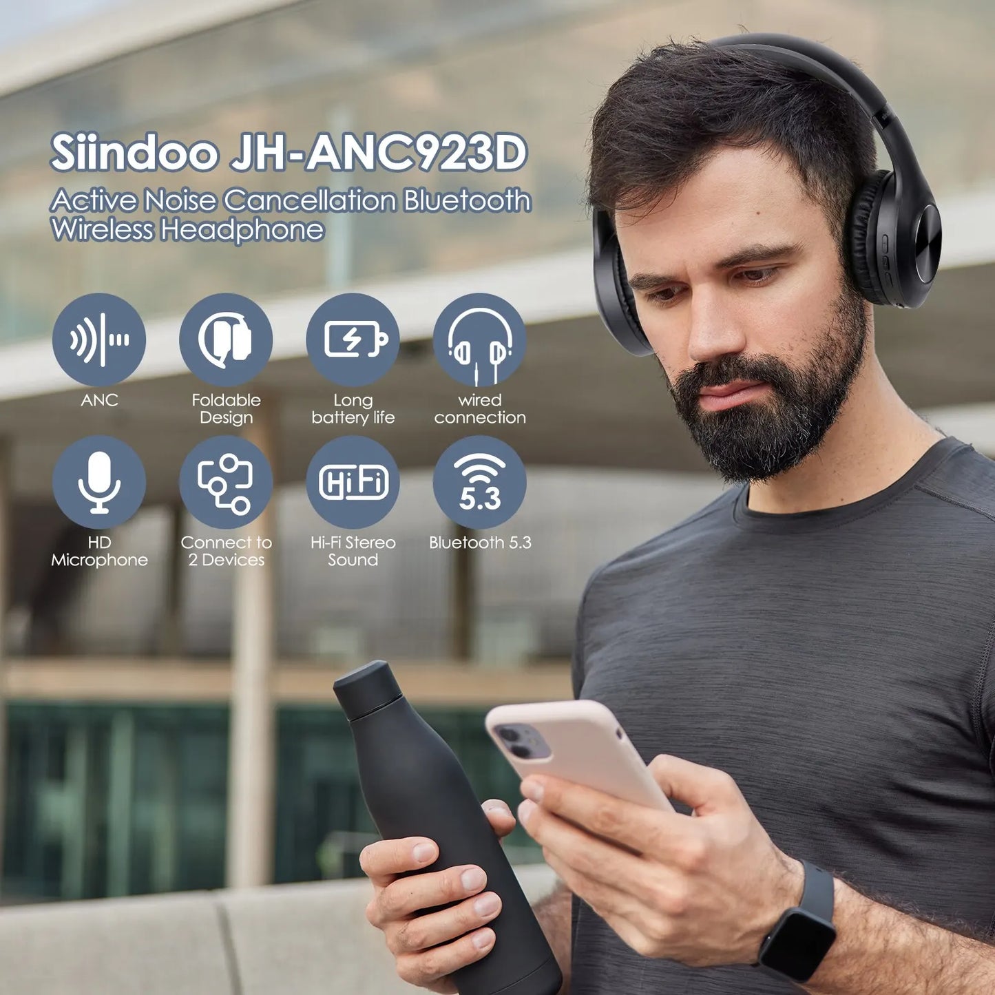 Siindoo JH-ANC923 Active Noise Cancelling Wireless Headphones with Mic – Hi-Fi Deep Bass Foldable Bluetooth Headset