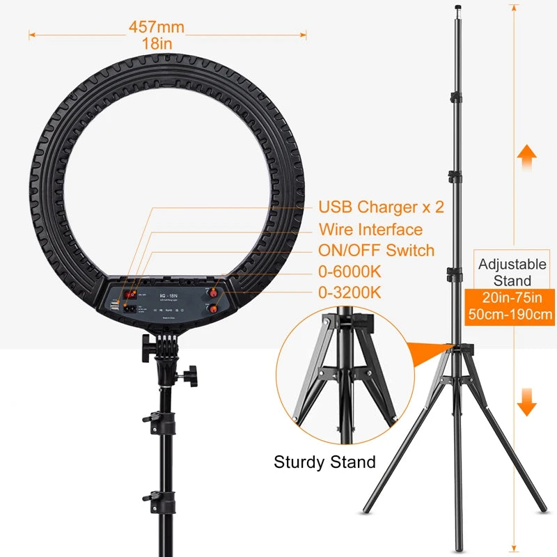 18" LED Ring Light 55W 3000-5800K Dimmable CRI Ring Light Photo Studio Vlog Video Makeup Selfie