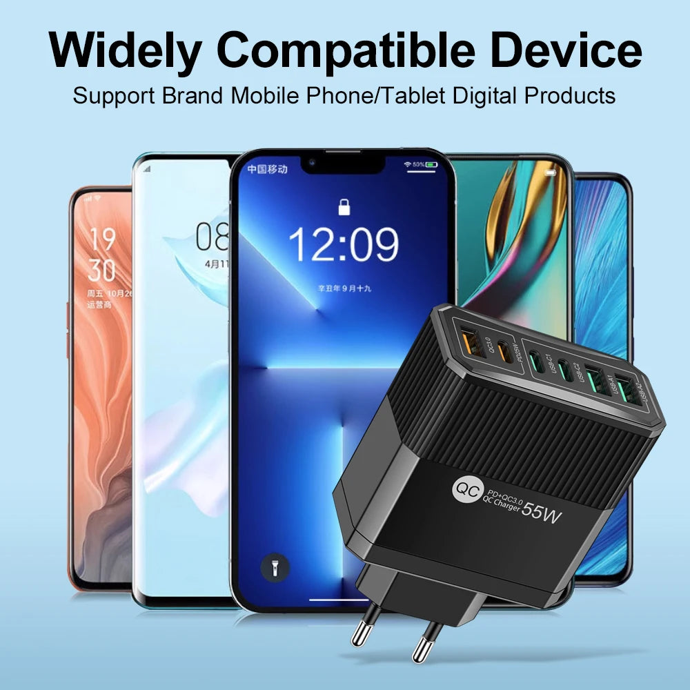 Plug 55W Fast Charging Charger 6Ports USB Type C Wall Charger For Samsung A23 S23 iPhone 14 pro max Xiaomi KR  Charger