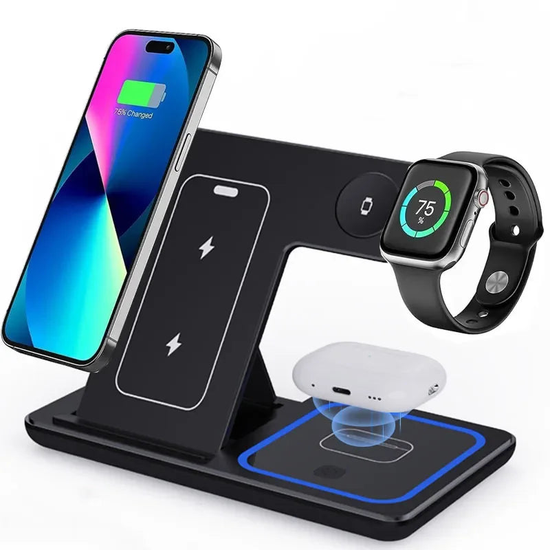 3-in-1 Foldable Wireless Charger Stand for iPhone, Apple Watch & AirPods Fast Charging Station