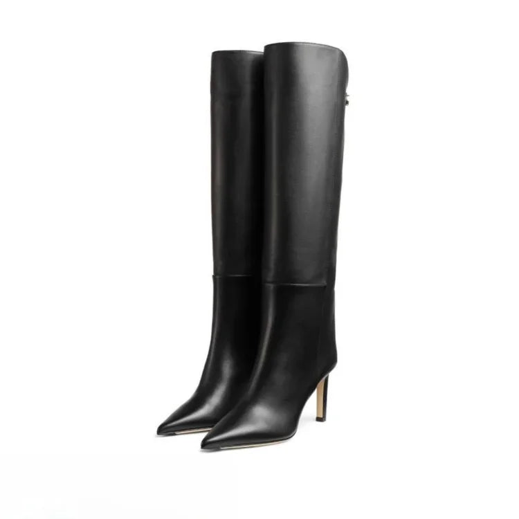 2024 Autumn New Fashion Pointed Toe Knee High Boots for Women Winter Elegant Slip-on Slim Wide Barrel Boats Heel Shoes Size 43