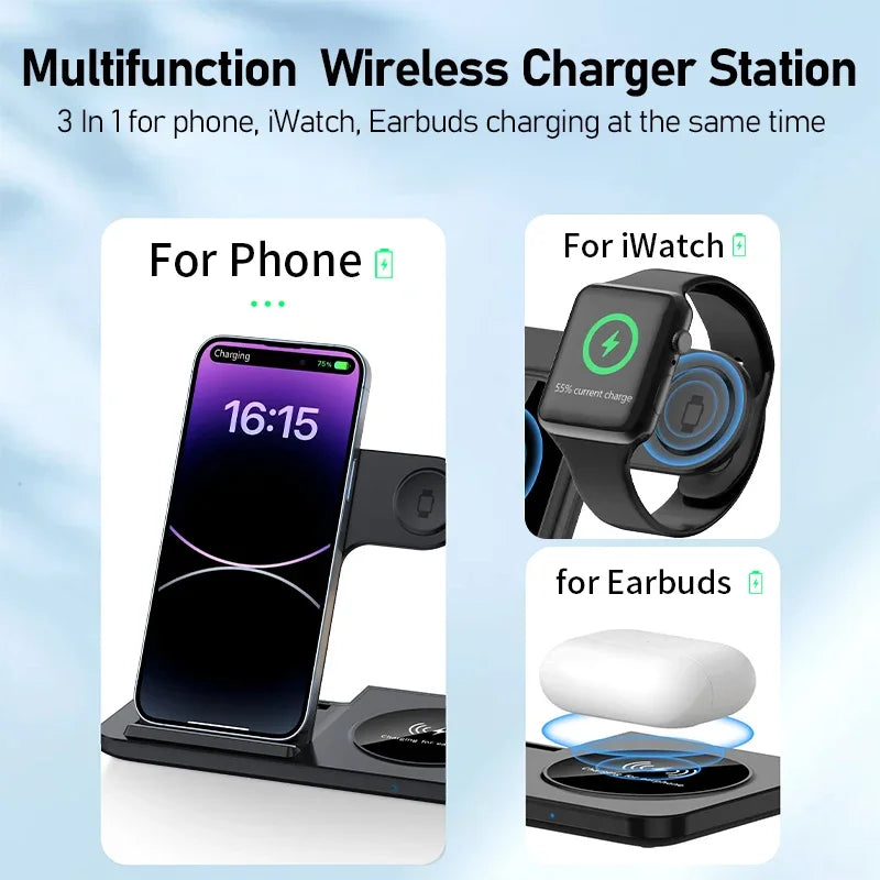 3-in-1 Foldable Wireless Charger Stand for iPhone, Apple Watch & AirPods Fast Charging Station