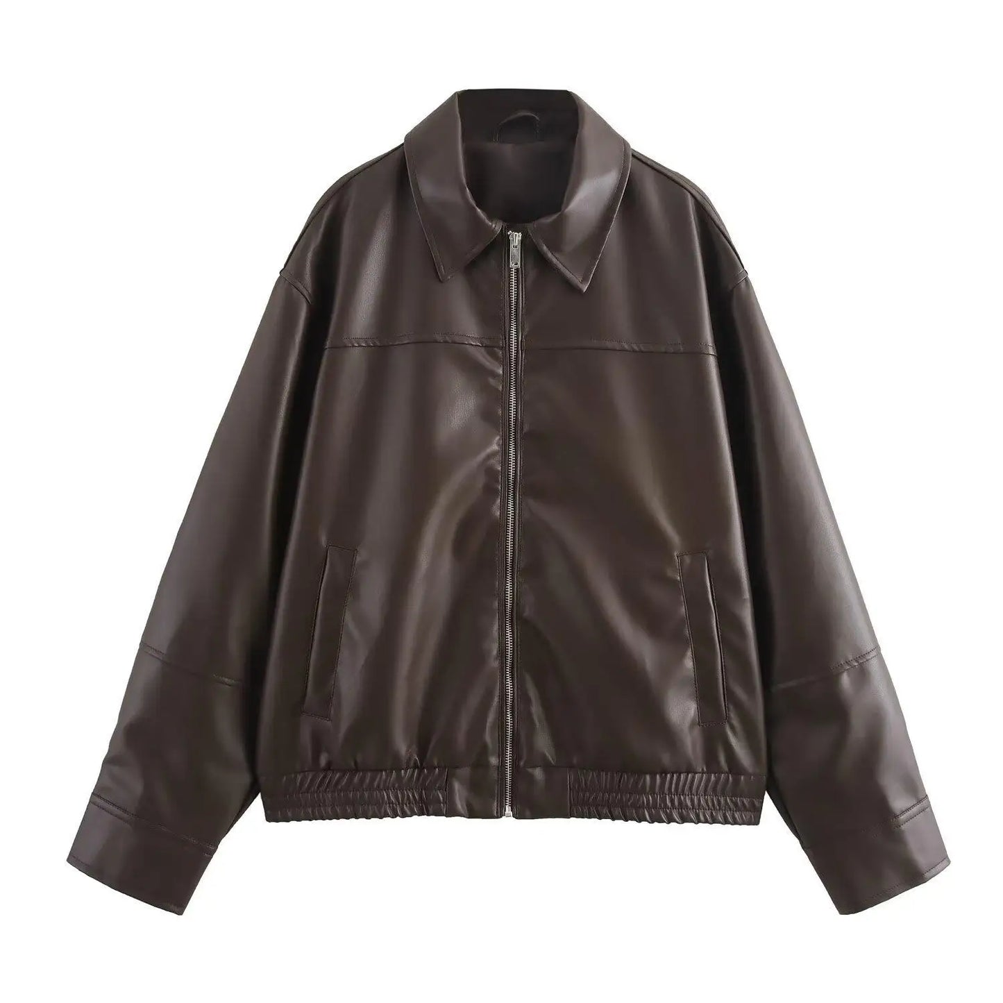 Elegant Brown Drawstring Tie Turndown Collar Leather Jackets Women's Retro Zipper Pockets Oversize Coat