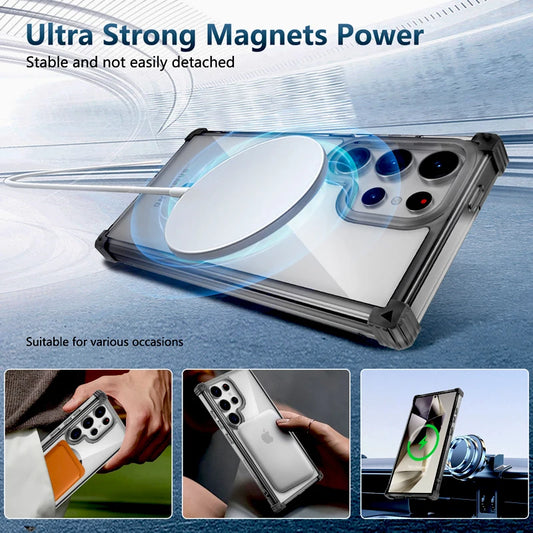 Shockproof Armor Transparent Case Samsung Galaxy S24-S22 Magsafe Charge Full Cover