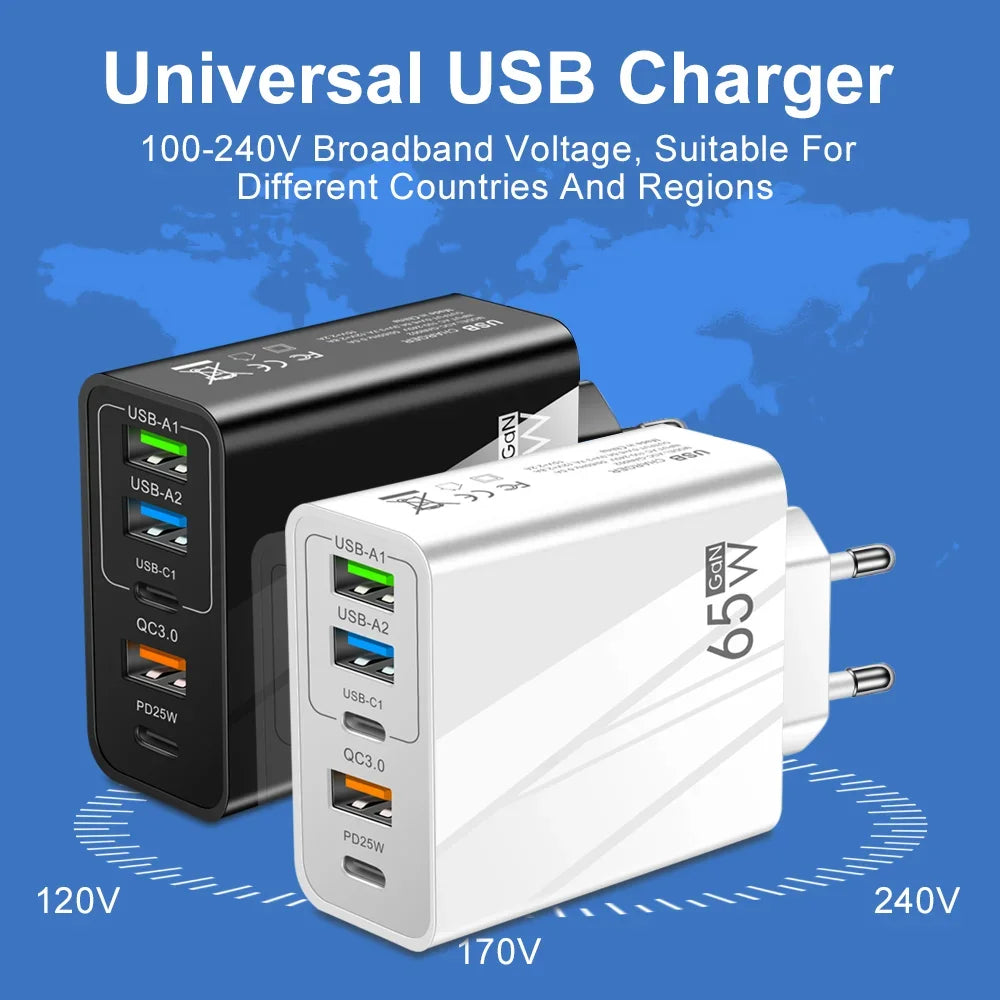 Fast Charger Mobile Charging Head 65w  Pd Plus 3usb Travel Multi Interface Charger 3.1A