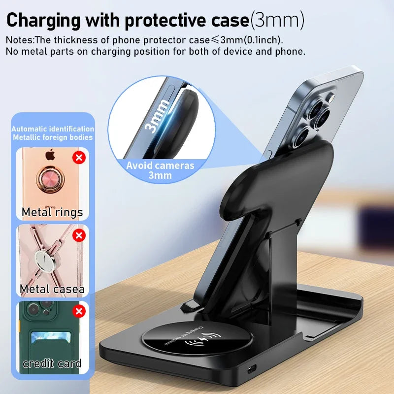 3-in-1 Foldable Wireless Charger Stand for iPhone, Apple Watch & AirPods Fast Charging Station