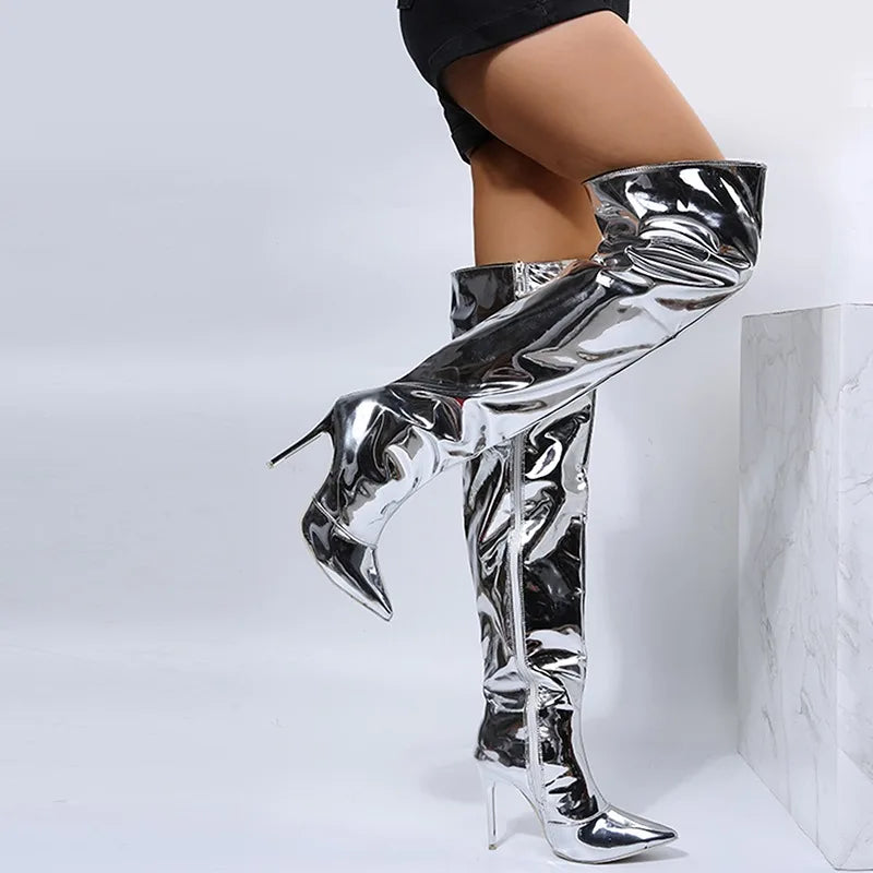 Women's Long Boots Silver Thin High Heel Boots Over The Knee Boots Lady Shoes