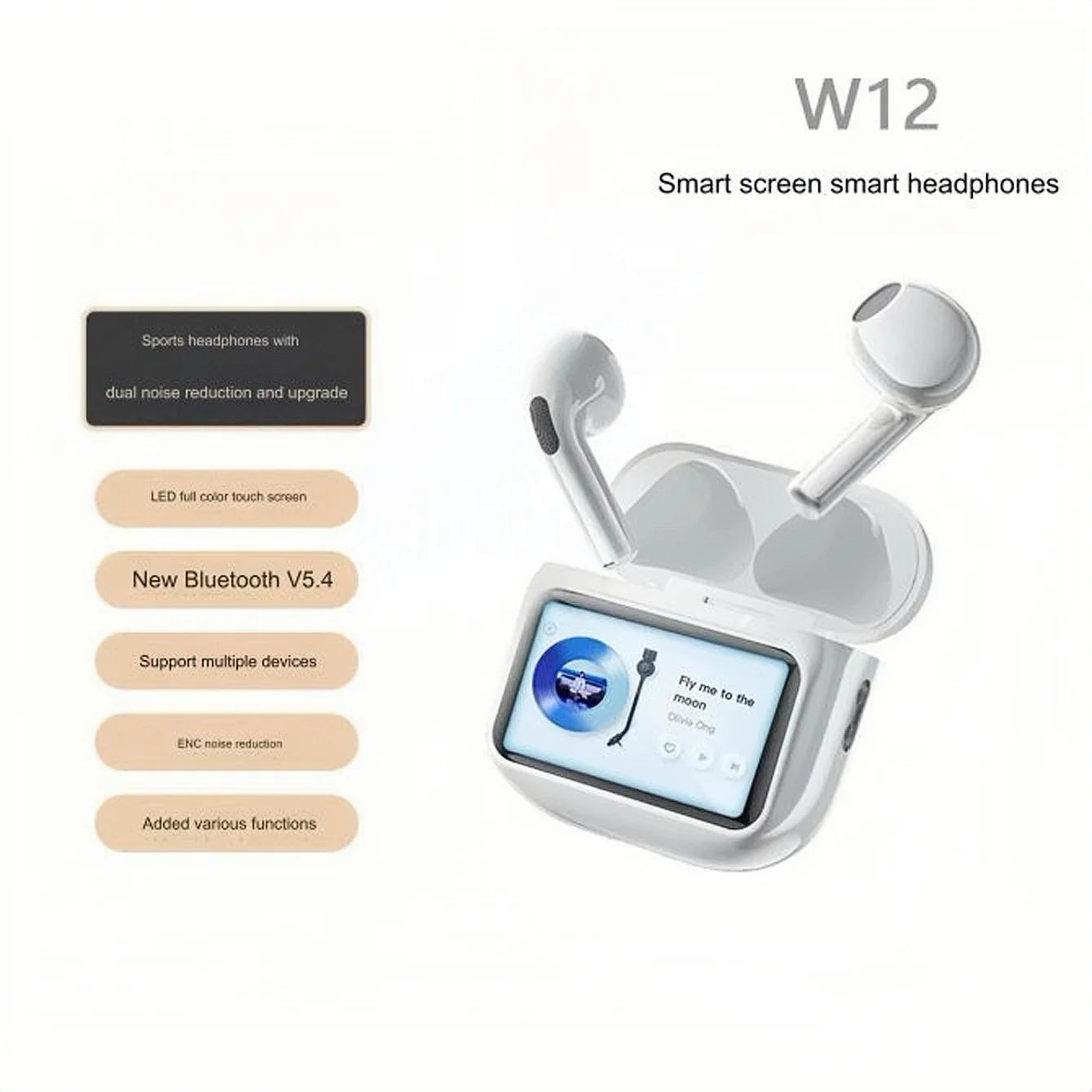 Multi-Language Wireless Headphones W12ENC Noise Reduction & Waterproof