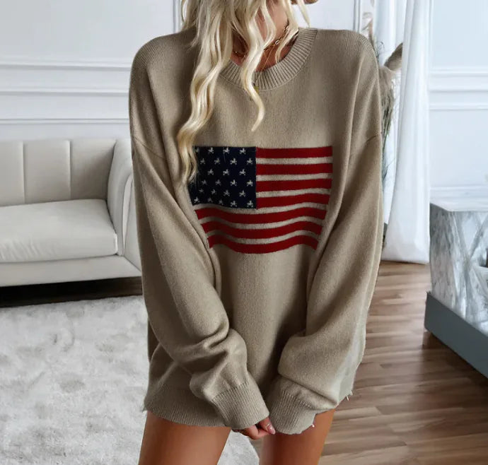 Women's American Flag Sweater Knit Long Sleeve Crew Neck Soft Loose Pullover