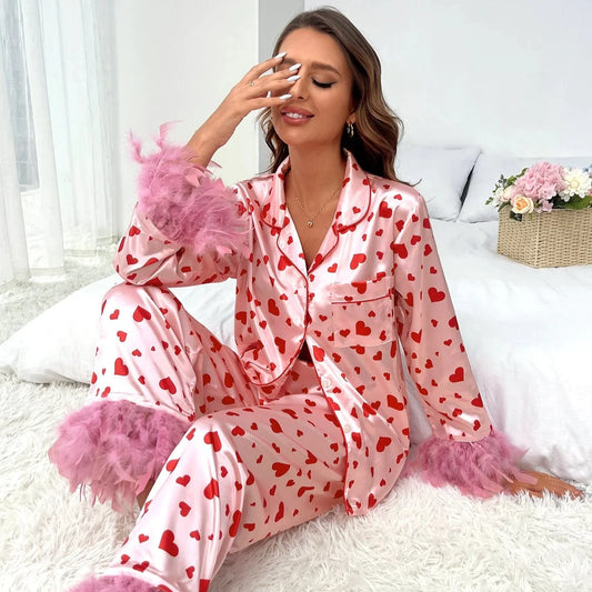 Women Loving Heart Printed Casual Suit Pajamas