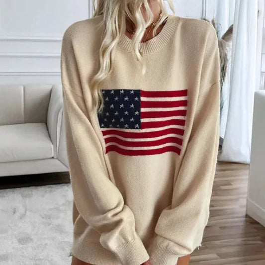 Women's American Flag Sweater Knit Long Sleeve Crew Neck Soft Loose Pullover