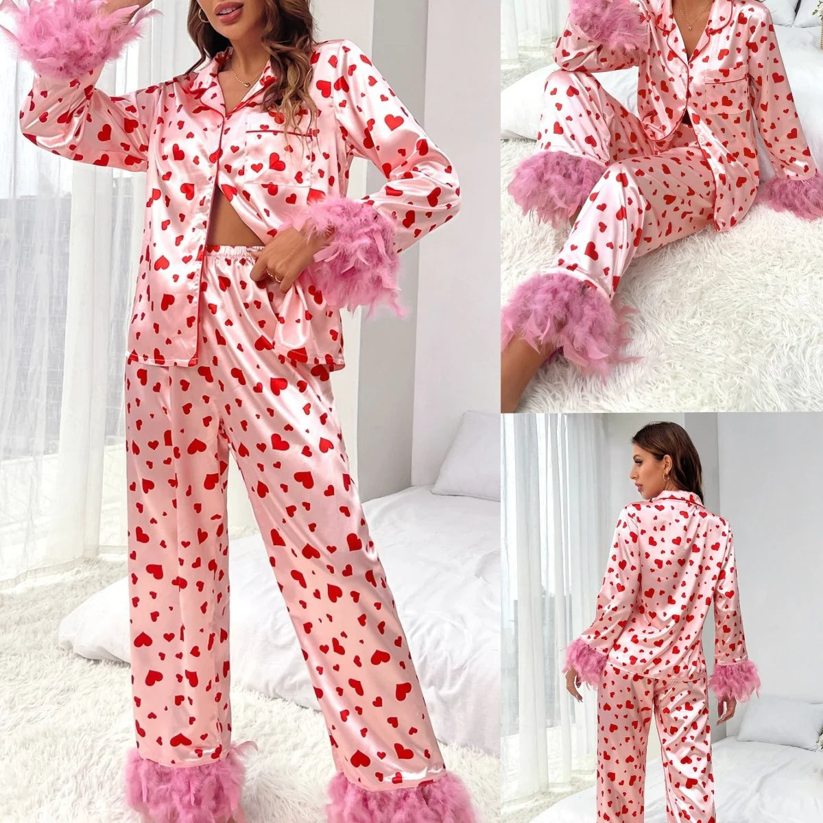 Women Loving Heart Printed Casual Suit Pajamas