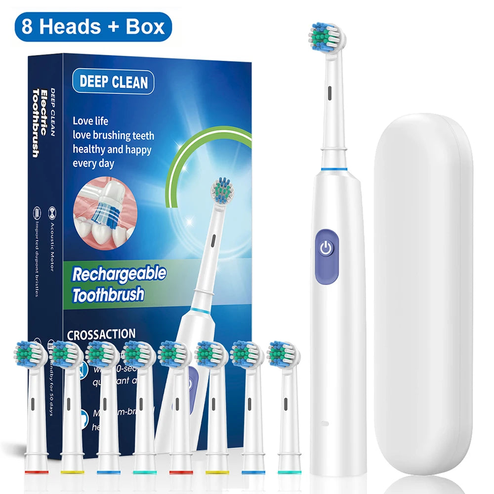 Electric Toothbrush Rotary Rechargeable White 8 Heads | Thomnest